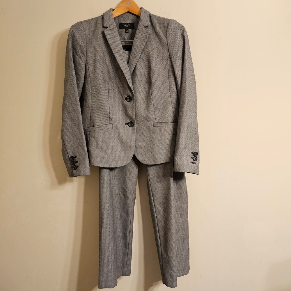 Talbots Pant Suit Womens 6P Black White Houndstooth Wool Blend Blazer Trousers